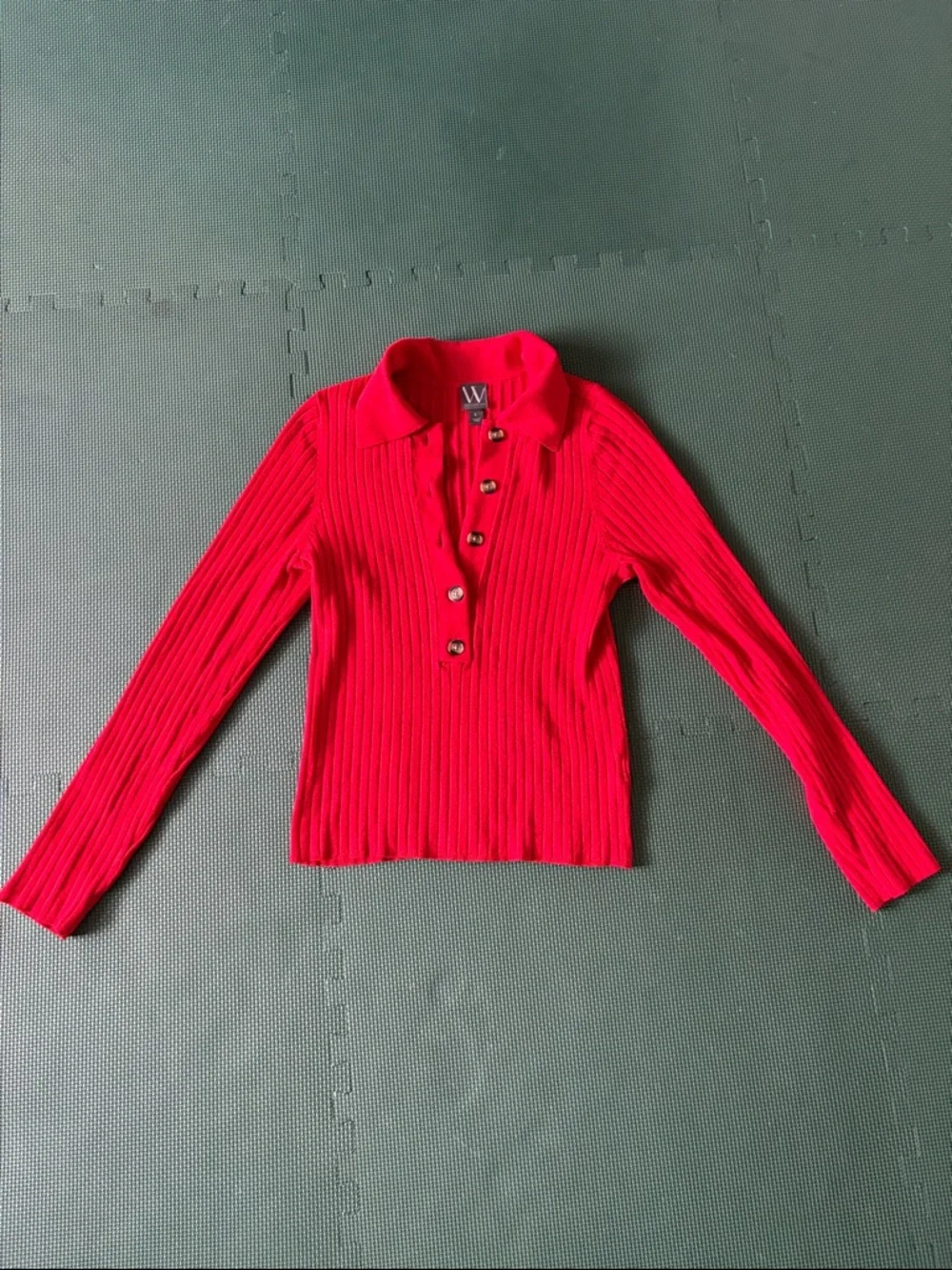 Red Ribbed Half-Button-Front Collared Sweater Size L - Picture 2 of 7